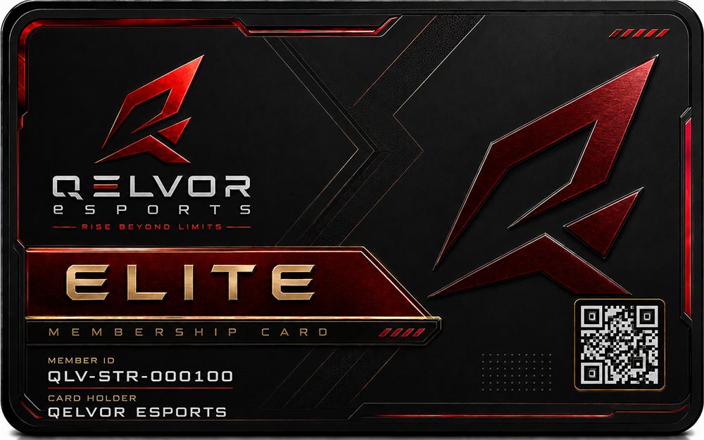 Qelvor eSports Elite membership card — front. Black card with a metallic red Qelvor mark and a gold ELITE membership banner.