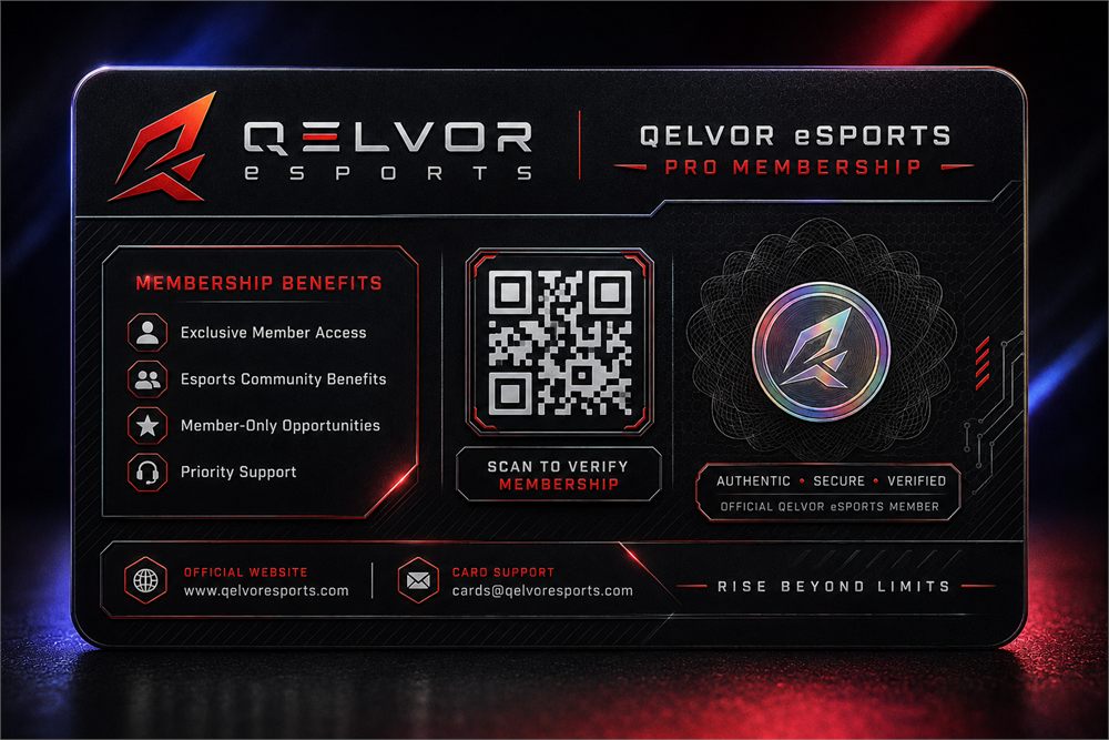 Qelvor eSports Pro membership card — back. Black card listing membership benefits, a scan-to-verify QR code and a holographic Qelvor seal.
