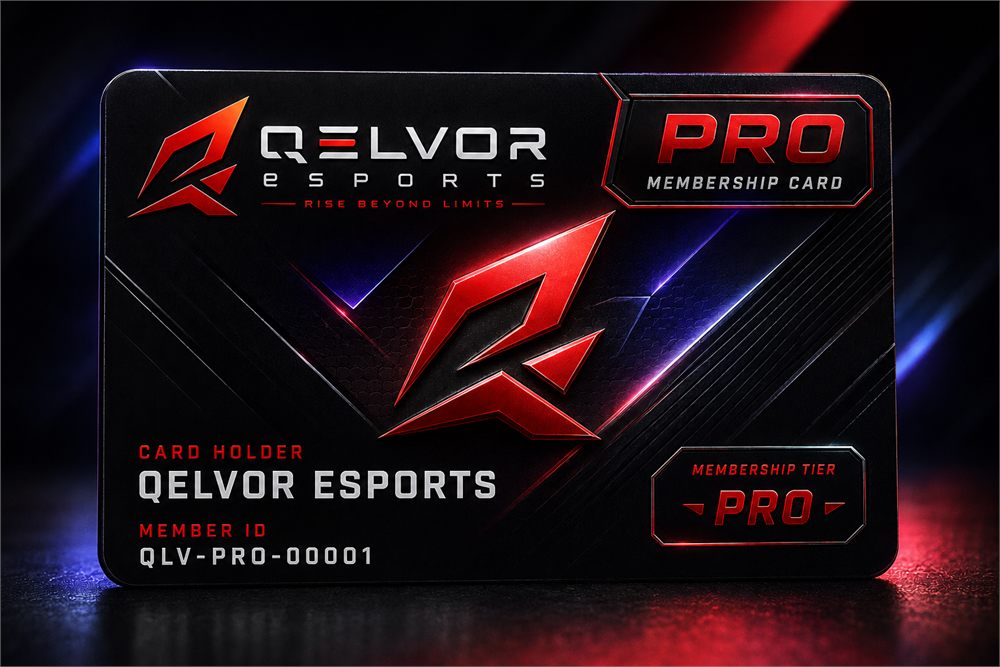 Qelvor eSports Pro membership card — front. Black card with a red Qelvor mark, PRO membership badge and member ID QLV-PRO-00001.