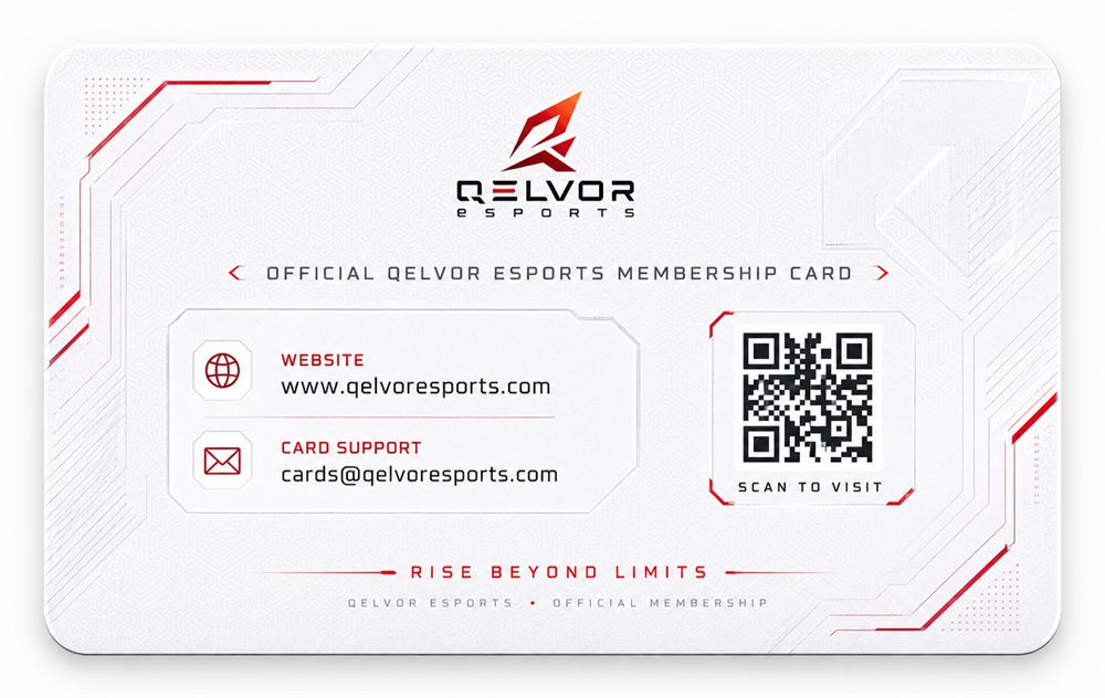 Qelvor eSports Starter membership card — back. White card listing the website qelvoresports.com, card support email and a scan-to-visit QR code.