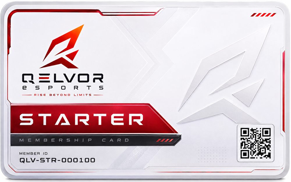 Qelvor eSports Starter membership card — front. White and silver card with the Qelvor mark, a crimson STARTER banner and member ID QLV-STR-000100.